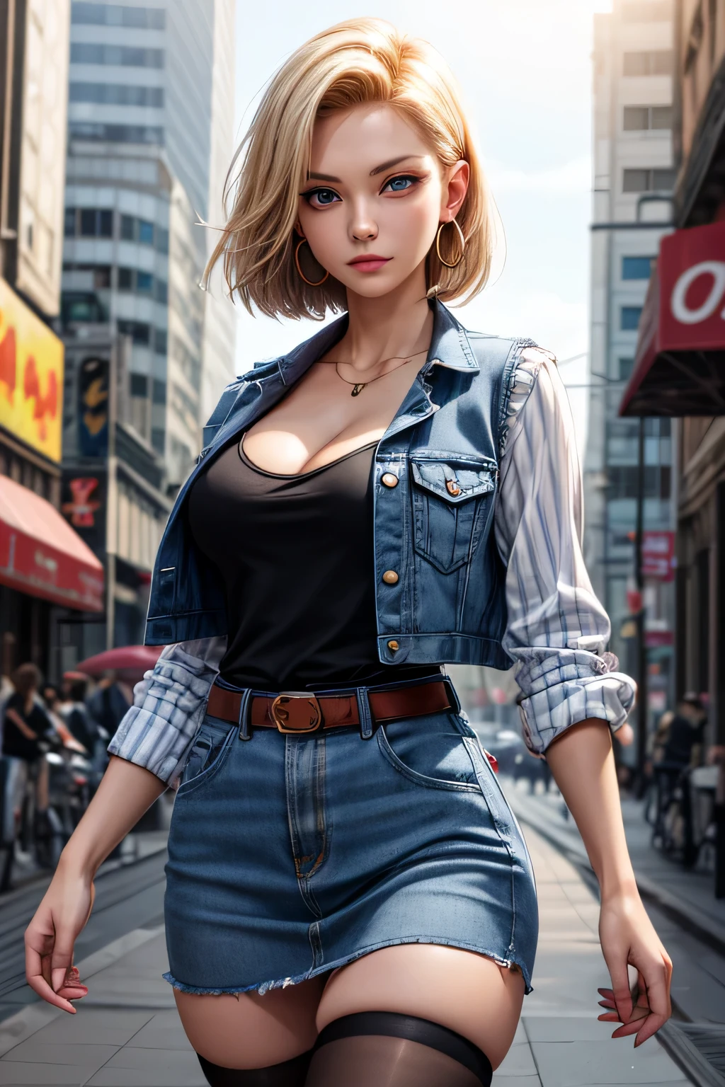 android 18, android 18, blonde hair, blue eyes, eyelash, hoop earrings, short hair, earrings, break belt, black legwear, black shirt, breast pocket, cleavage, clavicle, denim, denim skirt, high-waist skirt, jewelry, long sleeve, pocket, shirt, shirt tucked in, skirt, striped, striped sleeves, waistcoat,, break outdoors, city, null, cloud, sun, break looking at viewer, (cowboy shot:1.5), break (masterpiece:1.2), highest quality, High resolution, unity 8k wallpaper, (figure:0.8), (beautiful and fine eyes:1.6), highly detailed face, perfect lighting, Very detailed CG, (perfect hands, perfect anatomy)