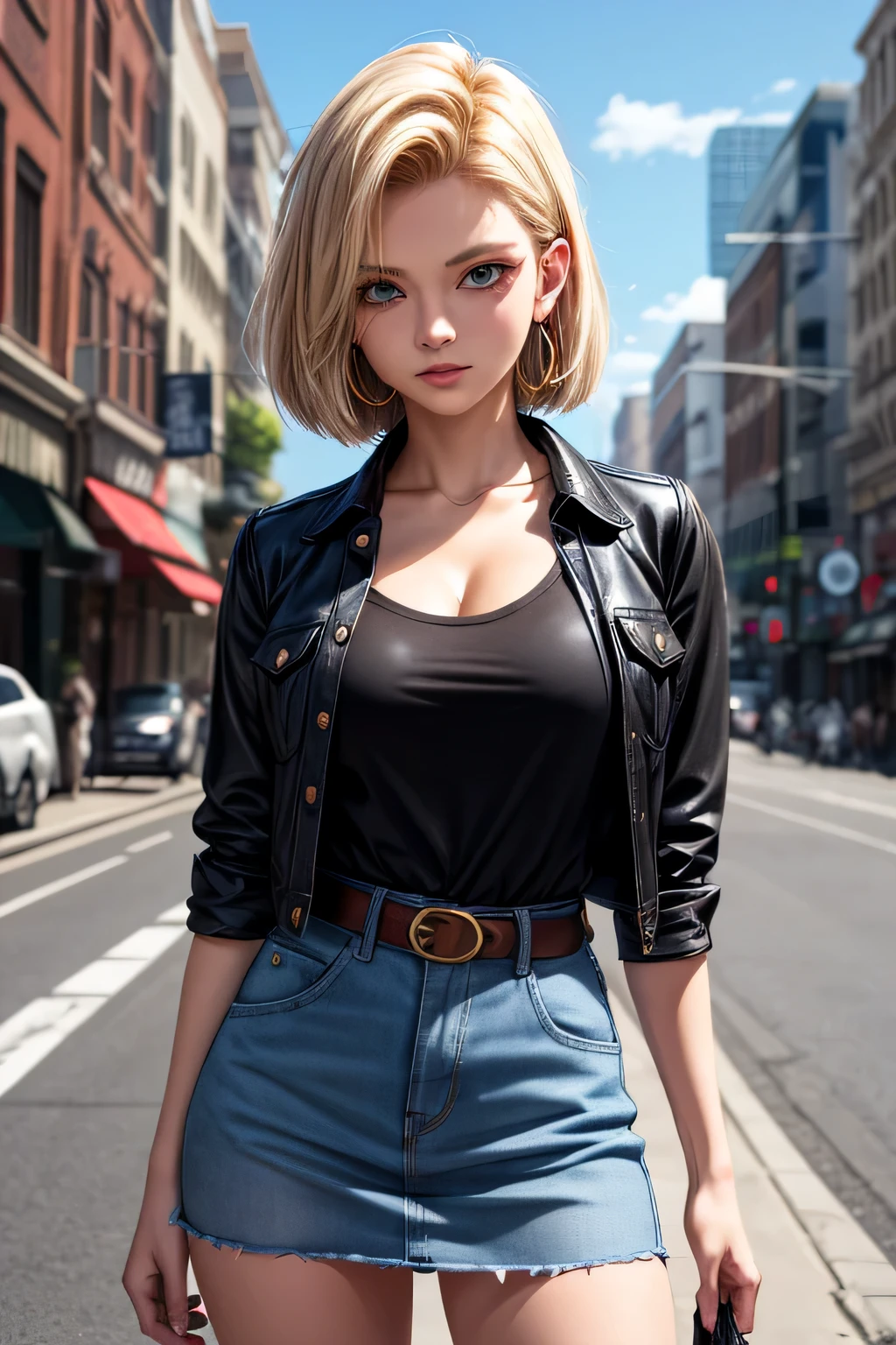 android 18, android 18, blonde hair, blue eyes, eyelash, hoop earrings, short hair, earrings, break belt, black legwear, black shirt, breast pocket, cleavage, clavicle, denim, denim skirt, high-waist skirt, jewelry, long sleeve, pocket, shirt, shirt tucked in, skirt, striped, striped sleeves, waistcoat,, break outdoors, city, null, cloud, sun, break looking at viewer, (cowboy shot:1.5), break (masterpiece:1.2), highest quality, High resolution, unity 8k wallpaper, (shape:0.8), (beautiful and detailed eyes:1.6), highly detailed face, perfect lighting, Very detailed CG, (perfect hands, perfect anatomy)