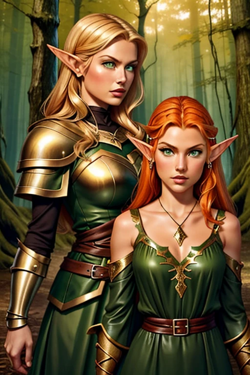 (masterpiece), best quality, expressive eyes, perfect face, two adventurer girls, ( 1 girl, elf ears, blond hair, green eyes, green dress, jewelry, magic user), ( 2 girl, elf ears, orange hair, brown eyes, leather armor, fighter) , magical forest background