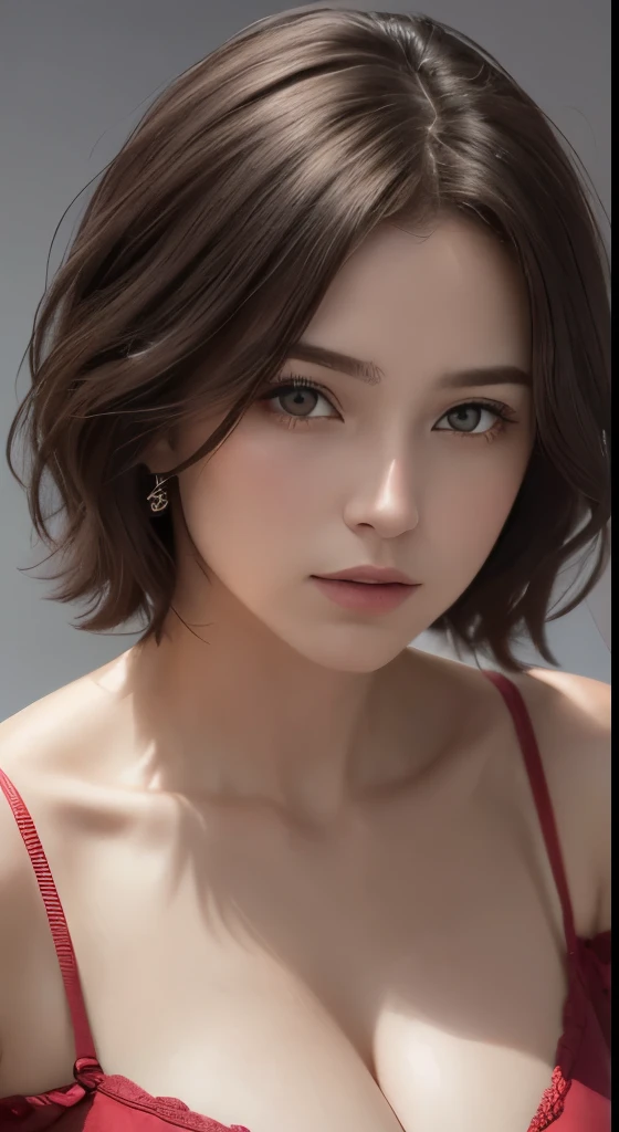(Representative works:1.4)、(8k、photorealistic、RAW photo、Highest image quality:1.4)、(realistic skin)、(Charm、超High resolution、Super realistic、High resolution、）30 year old mature woman、small face、no makeup、A well-formed and beautiful face、short hair、dark brown hair、Detailed beautiful eyes、off shoulder、Bust B Cup、exposed cleavage、、cool pose、gray background、