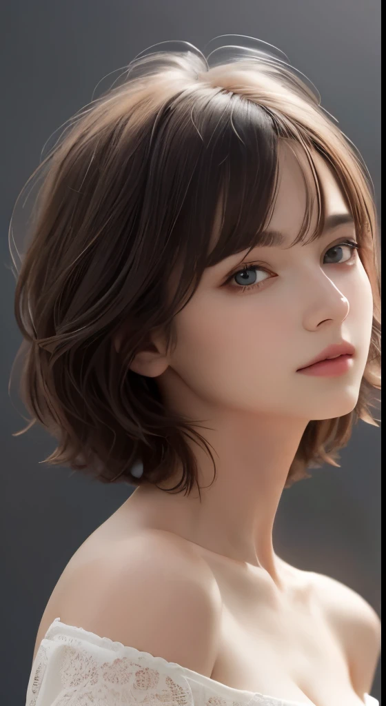 (Representative works:1.4)、(8k、photorealistic、RAW photo、Highest image quality:1.4)、(realistic skin)、(Charm、超High resolution、Super realistic、High resolution、)30 year old mature woman、small face、no makeup、A well-formed and beautiful face、short hair、dark brown hair、Detailed beautiful eyes、off shoulder、Bust B Cup、exposed cleavage、、cool pose、gray background、