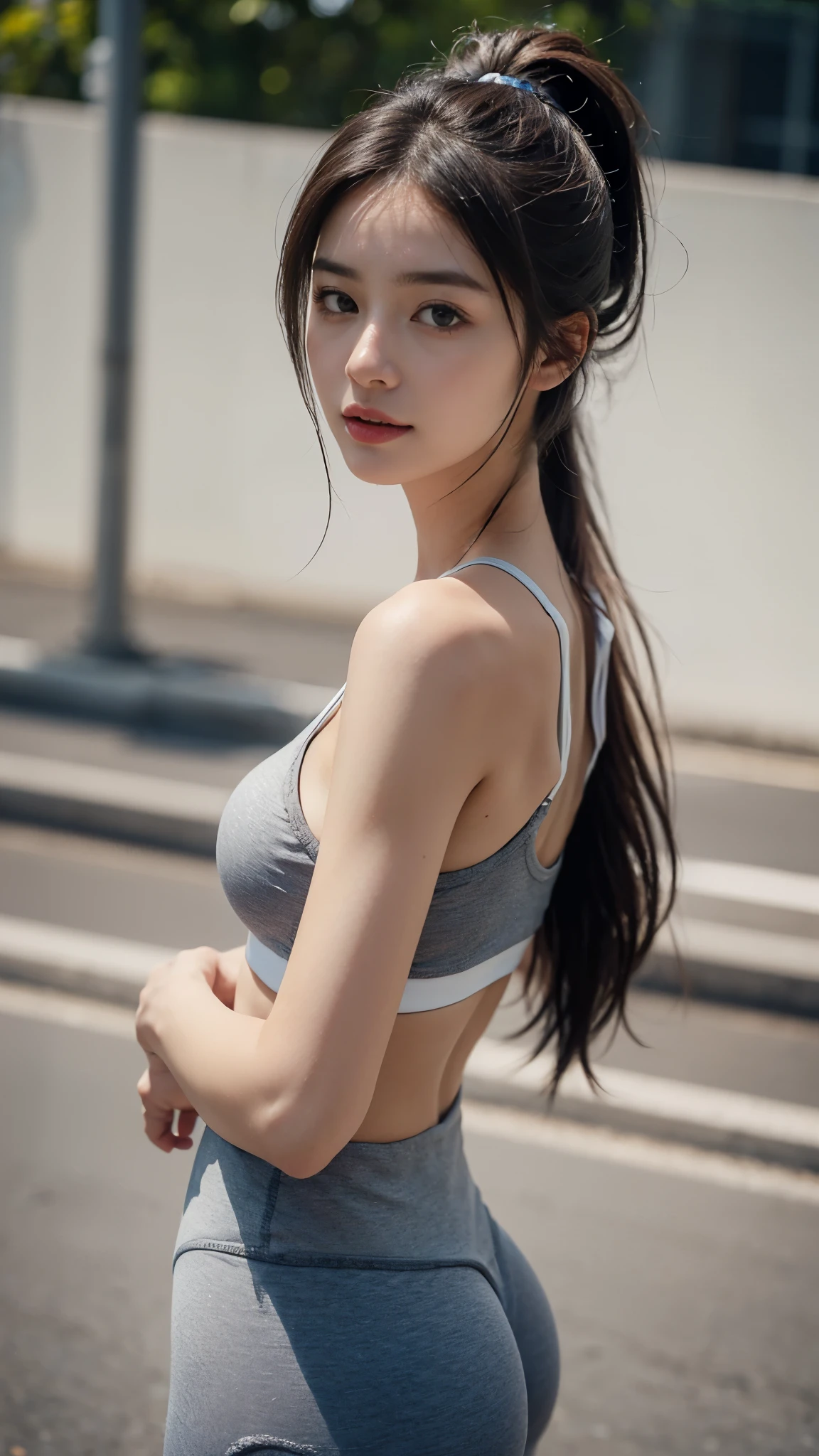 ((top quality、8k、​Masterpiece:1.3))、a tall and beautiful woman、Perfect body:1.4、slim abs、Dark brown hairstyle、short hair、Light gray yoga pants、No postural movement、stand up straight、huge bust、Highly detailed facial and skin textures、delicate eyes、double eyelids、The face is cold、Royal sisters with many fans、telegraph esbian、peach butt、Small sports bra、(original photo:1.2)、((photographic authenticity:1.4))top quality、​Masterpiece、Enlightenment、very delicate and beautiful.、Super detailed CG、Unite、8k photo wallpaper、Exquisite details、best quality、高度详细的CGUnite8k壁纸、absurd、Extremely ridiculous、File size is huge、Extremely detailed、high resolution、Very detailed、Beautiful detail girl、极其delicate eyes和脸部、Beautiful and delicate eyes、facial light、light、1 girl、see through,Observe your audience,outdoor,Sunny and cheerful、high ponytail、a sporty girl、ulzzang-6500、telegraph esbian、yoga clothes、Sports Girl、Gym、Tranning、exercise、mechanical