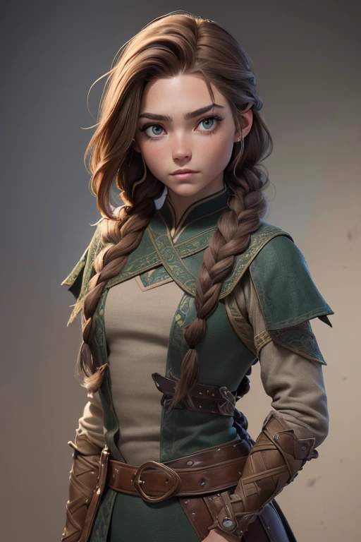 (Obra maestra, La mejor calidad) (young warrior woman of nordic descent), (ojos verdes), (Muscular), (falda de piel), (brown hair color),(loose hair with small braids on the scalp), (top con correa de cuero) plumas, capa sobre el hombro, bufas, (azul, gray and brown suit).