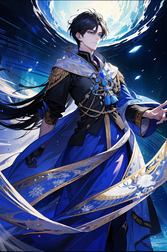 (absurdres, highres, ultra detailed), 1 male, adult, handsome, tall muscular guy, broad shoulders, finely detailed eyes, dark color hair, fantasy, complex pattern, detailed face, throne, magic effect, best ratio four finger and one thumb, ice, bitter cold, cold snap, smile, (dutch angle), closed mouth