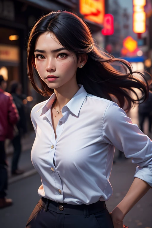 Retrato de mujer ,20 years,chino,parte superior del cuerpo,chino clothes,Calle Shanghai,cinematic lighting,pose de pelea,