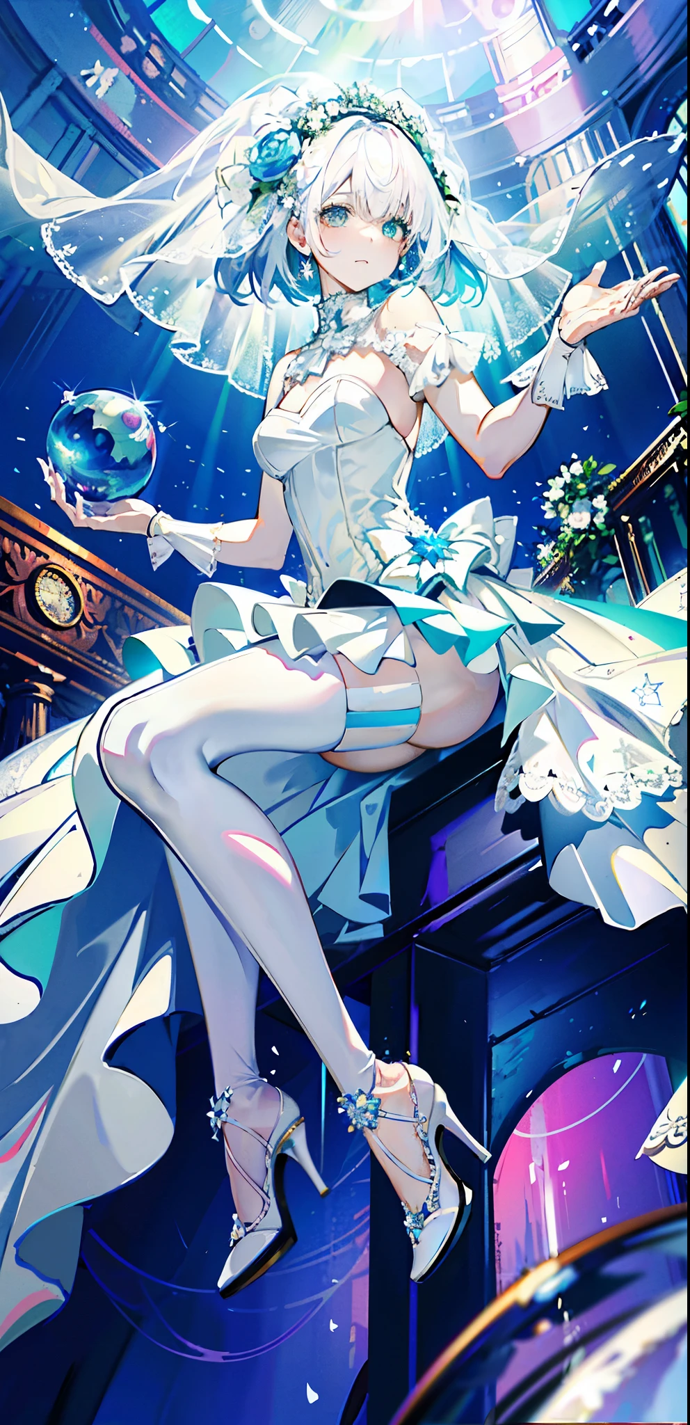 best quality, masterpiece, 1 girl,((hip-covering skirt))), 1 girl, alone, mystery, Bright colors, shining, Underwater transparent sealed hemispherical glass dome, (white hair),  Upper body, Long hair is calm and natural,, (((white wedding dress，bride，White pointed toe heels))),sit cross-legged，Leaning against the bookshelf , 8k,