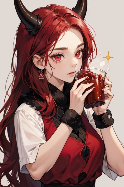 Mala Sauce Cookie is a short Cookie with moderately dark, red-undertoned dough. She has crimson hair that is cut bluntly and tied into low pigtails, resembling sausages. She has burning red eyes and a scar on her lip. She wears a horned helmet, a frayed brown pelt worn as a shirt, and a downy burgundy vest resembling furs. The accessories she wears includes two black bracelets tied around each of her wrists. GLITTER, JELLY