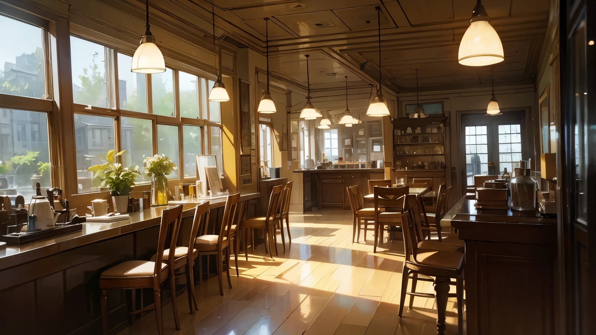 Inside a stylish café, There are many glass lights in the store., Has an antique feel, The cafe environment is calm, Lighting is warm, and the viewing angle is "Background on the windowsill."