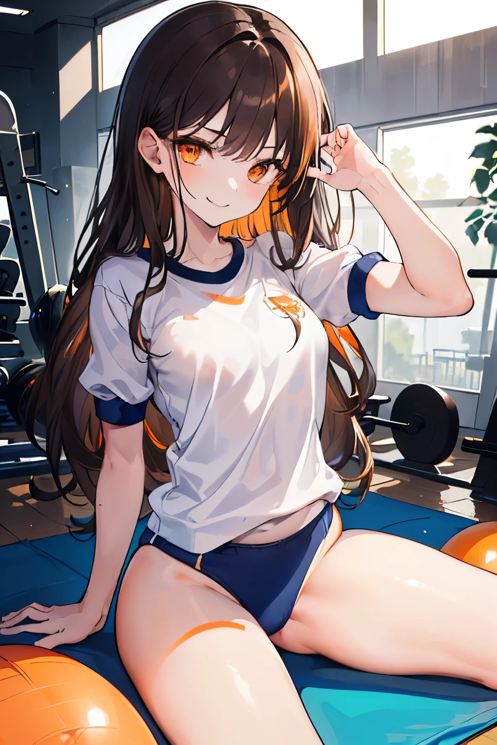 (((1girl))), ((best quality)), ((masterpiece)), ((ultra-detailed)), (illustration), (detailed light), (an extremely delicate and beautiful), (beautiful detailed eyes), (sunlight), ((extremely light)), 

((((white and dark navy gym uniform)))),
school girl,

wavy long, (((dark brown hair))),  (((long hair))),
(((deep orange eyes))), 

((whole body)), , 
diamond, beautiful, ((extra elegant)), (((condescending expression))), (sexually mischievous smile),  (((extra adorable))), (((extra slender shape))), 

sitting on the floor in the school gym with her legs up,

(((extraordinarily thin thighs)))