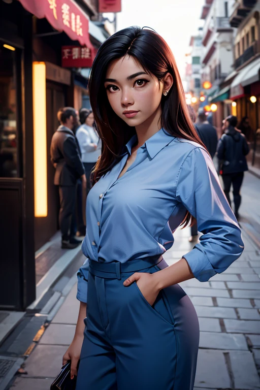 Retrato de mujer , 20 years, chino, parte superior del cuerpo, chino clothes, Calle Shanghai, cinematic lighting.
