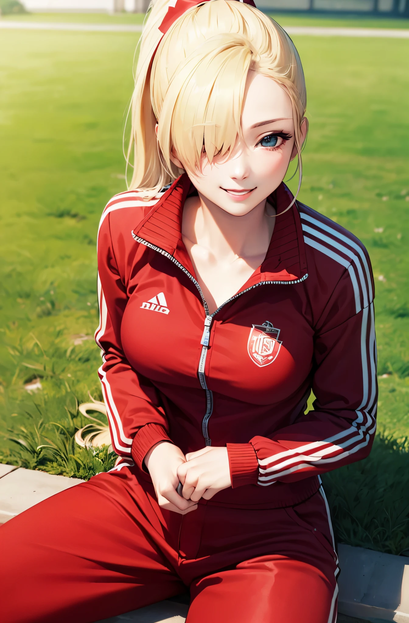 (masterpiece:1.5)、(highest quality:1.5)、(8K:1.2)、(Super detailed:1.2)、(photorealistic:1.2)、(ultra high resolution:1.2)、(Highly detailed and realistic skin:1.2)、(Very detailed and clean sharp eyes:1.2)、(woman with slender figure:1.2)、(Beautiful sunlight:1.2)、(On the school grass playground:1.2)、(sitting with bent knees:1.2)、break、(red long sleeve long pants tracksuit:1.5)、break、18 year old beautiful woman、natural color lip、break、(Blonde ponytail that covers one eye:1.3)、medium beautiful breasts、(provocative smile:1.2)、seen from above、