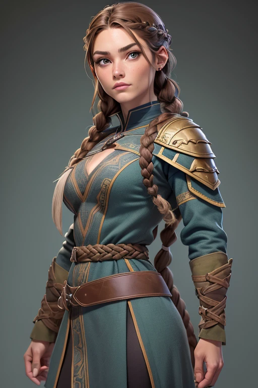 (Obra maestra, La mejor calidad) (young warrior woman of nordic descent), (ojos verdes), (Muscular), (falda de piel), (brown hair color),(loose hair with small braids on the scalp), (top con correa de cuero) plumas, capa sobre el hombro, bufas, (azul, gray and brown suit).