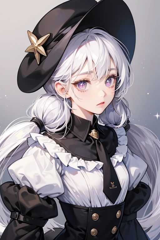 Milky Way Cookie is a tiny Cookie with a feeble frame and snow white dough. She has large mauve eyes with stars in her pupils. Her floor-length white hair is tied in twintails, with a Star Jelly in each twintail. Her hair also has highlights of different colors at the ends of her twintails. She sports a black conductor’s hat and a black uniform with oversized sleeves, as well as a white necktie. She also has gold star-shaped accessories near the ends of her sleeves. GLITTER,
