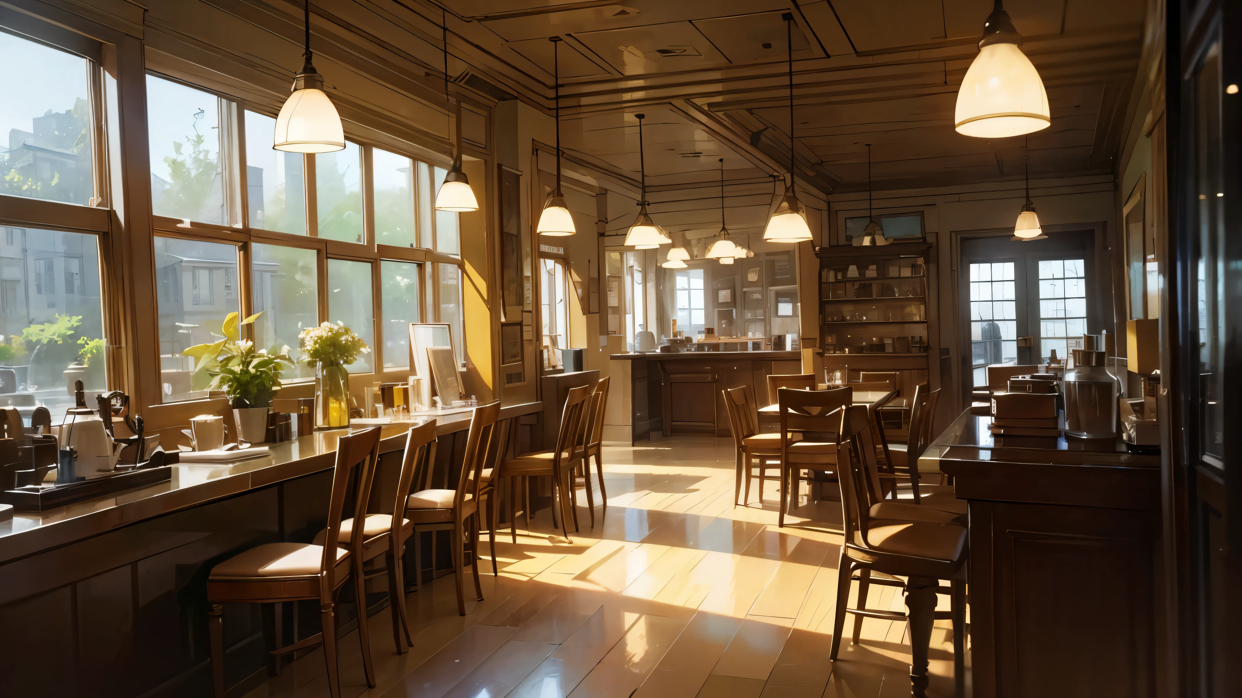 Inside a stylish café, There are many glass lights in the store.., There is an antique atmosphere, It is a cafe with a calm atmosphere., Lighting is warm, and the viewing angle is "Background on the windowsill."