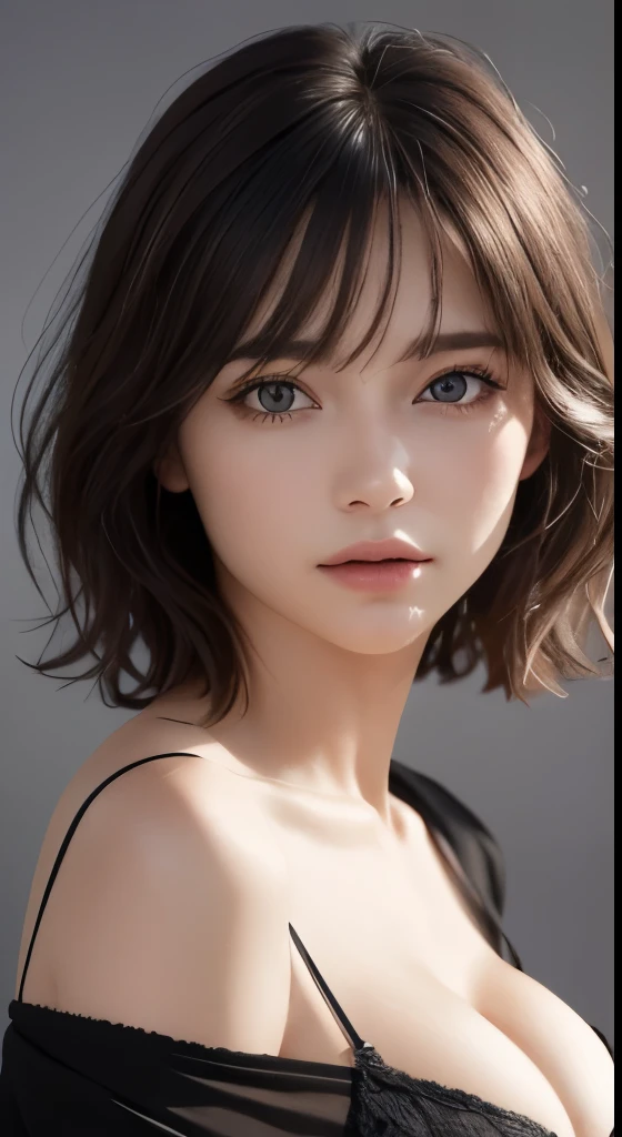 (Representative works:1.4)、(8k、photorealistic、RAW photo、Highest image quality:1.4)、(realistic skin)、(Charm、超High resolution、Super realistic、High resolution、)30 year old mature woman、small face、no makeup、A well-formed and beautiful face、short hair、dark brown hair、Detailed beautiful eyes、off shoulder、Bust B Cup、exposed cleavage、、cool pose、gray background、