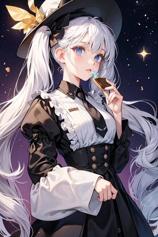 Milky Way Cookie is a tiny Cookie with a feeble frame and snow white dough. She has large mauve eyes with stars in her pupils. Her floor-length white hair is tied in twintails, with a Star Jelly in each twintail. Her hair also has highlights of different colors at the ends of her twintails. She sports a black conductor’s hat and a black uniform with oversized sleeves, as well as a white necktie. She also has gold star-shaped accessories near the ends of her sleeves. GLITTER, JELLY