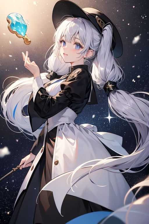 Milky Way Cookie is a tiny Cookie with a feeble frame and snow white dough. She has large mauve eyes with stars in her pupils. Her floor-length white hair is tied in twintails, with a Star Jelly in each twintail. Her hair also has highlights of different colors at the ends of her twintails. She sports a black conductor’s hat and a black uniform with oversized sleeves, as well as a white necktie. She also has gold star-shaped accessories near the ends of her sleeves. GLITTER, JELLY