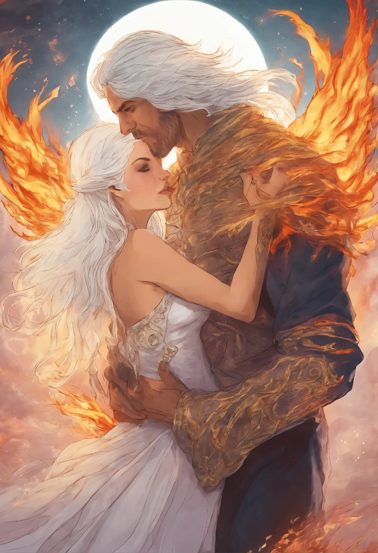 A white-haired man engulfed in fire hugs a brunette girl