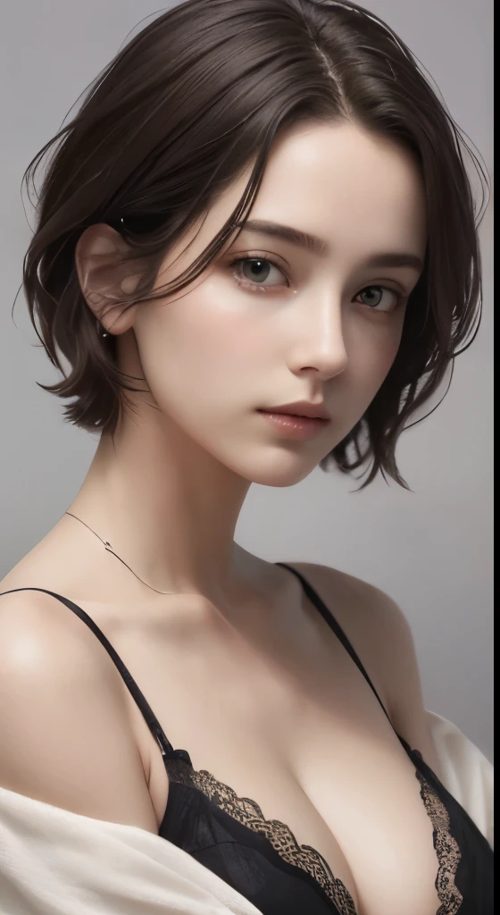 (Representative works:1.4)、(8k、photorealistic、RAW photo、Highest image quality:1.4)、(realistic skin)、(Charm、超High resolution、Super realistic、High resolution、)30 year old mature woman、small face、no makeup、A well-formed and beautiful face、short hair、dark brown hair、Detailed beautiful eyes、off shoulder、Bust B Cup、exposed cleavage、、cool pose、gray background、
