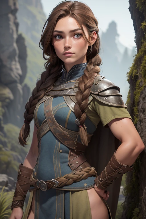 (Obra maestra, La mejor calidad) (young warrior woman of nordic descent), (ojos verdes), (Muscular), (falda de piel), (brown hair color),(loose hair with small braids on the scalp), (top con correa de cuero) plumas, capa sobre el hombro, bufas, (azul, gray and brown suit).