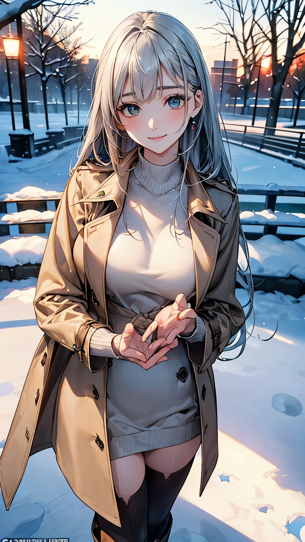 (masterpiece:1.2, top-quality), (realistic, photorealistic:1.4), beautiful illustration, (natural side lighting, movie lighting), nsfw,
looking at viewer, 1 girl, japanese, high school girl, perfect face, cute and symmetrical face, shiny skin,
(long hair:1.5, messy hair:1.2, silver hair), swept bangs, emerald green eyes, drooping eyes, long eye lasher, (large breasts:0.6),
beautiful hair, beautiful face, beautiful detailed eyes, beautiful clavicle, beautiful body, beautiful chest, beautiful thighs, beautiful legs,
((symmetrical clothing, beige trench coat, dark brown sweater dress), light blue perforated stripe panty), boots,
(beautiful scenery), winter, dawn, hokkaido, sapporo odori park, snow, snowfall:1.5, freezing weather, frost,
(standing), (lovely smile, upper eyes),