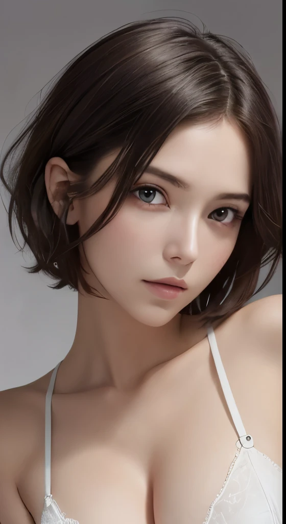 (masutepiece、highest quality、photorealistic、High resolution、photograph、:1.3)、Very close-up shot、sharp focus、30 year old mature woman、small face、no makeup、A well-formed and beautiful face、short hair、dark brown hair、Detailed beautiful eyes、Bust B Cup、exposed cleavage、、cool pose、gray background、