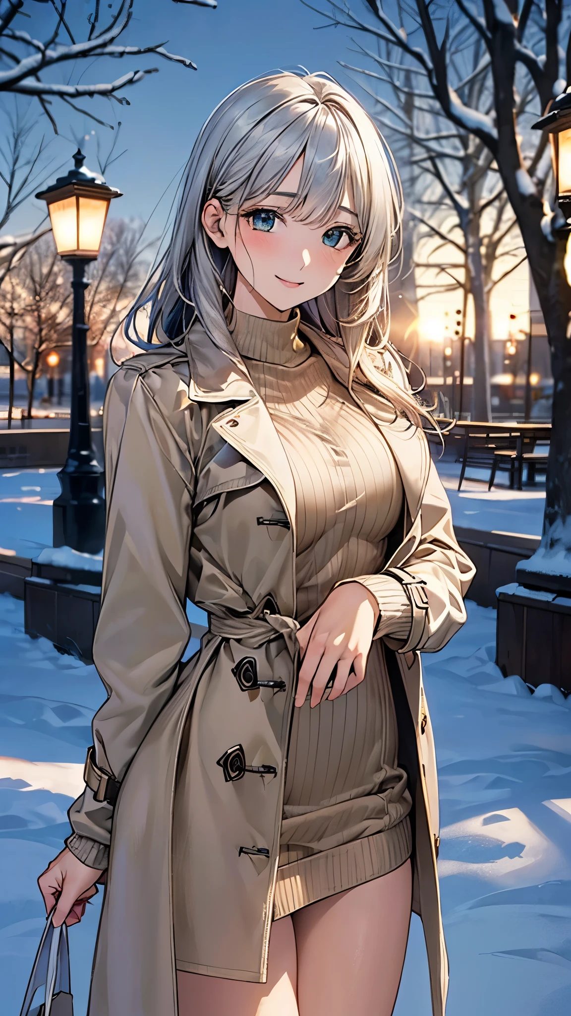 (masterpiece:1.2, top-quality), (realistic, photorealistic:1.4), beautiful illustration, (natural side lighting, movie lighting), nsfw, 
looking at viewer, 1 girl, japanese, high school girl, perfect face, cute and symmetrical face, shiny skin, 
(long hair:1.5, messy hair:1.2, silver hair), swept bangs, emerald green eyes, drooping eyes, long eye lasher, (large breasts:0.6), 
beautiful hair, beautiful face, beautiful detailed eyes, beautiful clavicle, beautiful body, beautiful chest, beautiful thighs, beautiful legs, 
((symmetrical clothing, beige trench coat, dark brown sweater dress), light blue perforated stripe panty), boots, 
(beautiful scenery), winter, dawn, hokkaido, sapporo odori park, snow, snowfall:1.5, freezing weather, frost, 
(standing), (lovely smile, upper eyes), 
