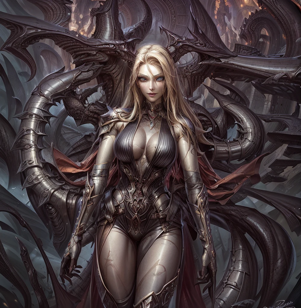 blond woman in armor with red cape and sword in open landscape and a battlefield, diablo 4 lilith, 4k fantasy art, beautiful succubus, fantasy woman, succubus | medieval, succubus in tight short dress, 8k fantasy art, karol bak uhd, beautiful elegant demon queen, diablo 4 queen, alexandra fomina artstation, epic fantasy art style