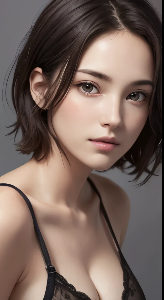 (masutepiece、highest quality、photorealistic、High resolution、photograph、:1.3)、Very close-up shot、sharp focus、30 year old mature woman、small face、no makeup、A well-formed and beautiful face、short hair、dark brown hair、Detailed beautiful eyes、Bust B Cup、exposed cleavage、、cool pose、gray background、