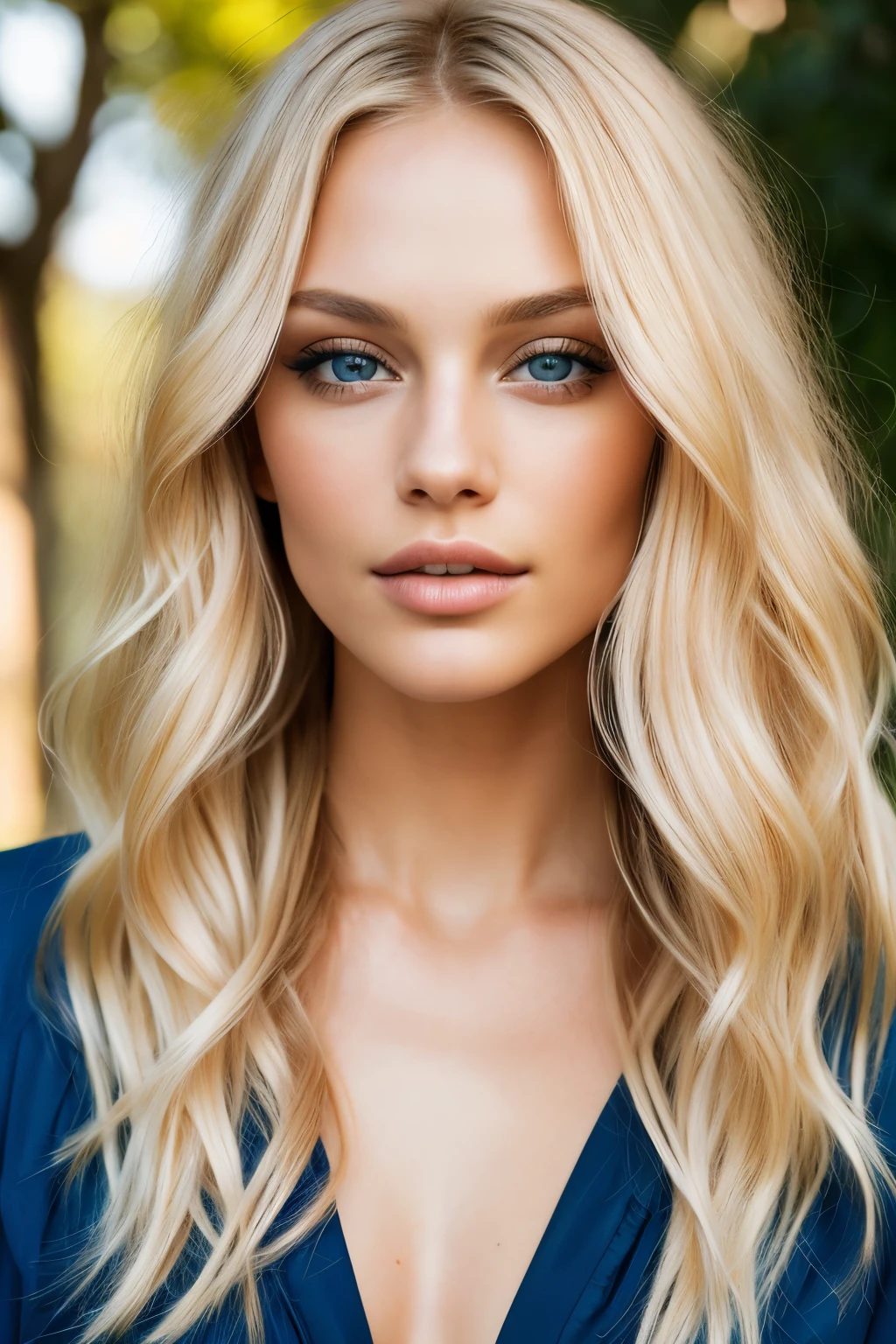 Blond hair cascades down in soft waves, framing a striking blue-eyed gaze. The high-definition image, captured with a 24-megapixel DSLR and a 50mm f/1.4 lens, showcases every detail of her natural features. Her flawless complexion is illuminated by the golden hour sunlight, casting gentle shadows that accentuate her cheekbones and define her jawline. Her eyes, with their intricately detailed pupils and prominent marginal rings, sparkle with an inexplicable allure that captivates the viewer. The texture and shine of her blonde hair, each strand meticulously captured, add to the overall sensation