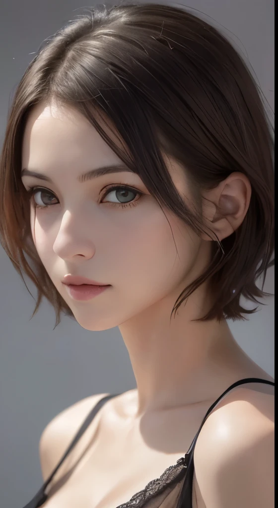 (masutepiece、highest quality、photorealistic、High resolution、photograph、:1.3)、Very close-up shot、sharp focus、30 year old mature woman、small face、no makeup、A well-formed and beautiful face、short hair、dark brown hair、Detailed beautiful eyes、Bust B Cup、exposed cleavage、、cool pose、gray background、