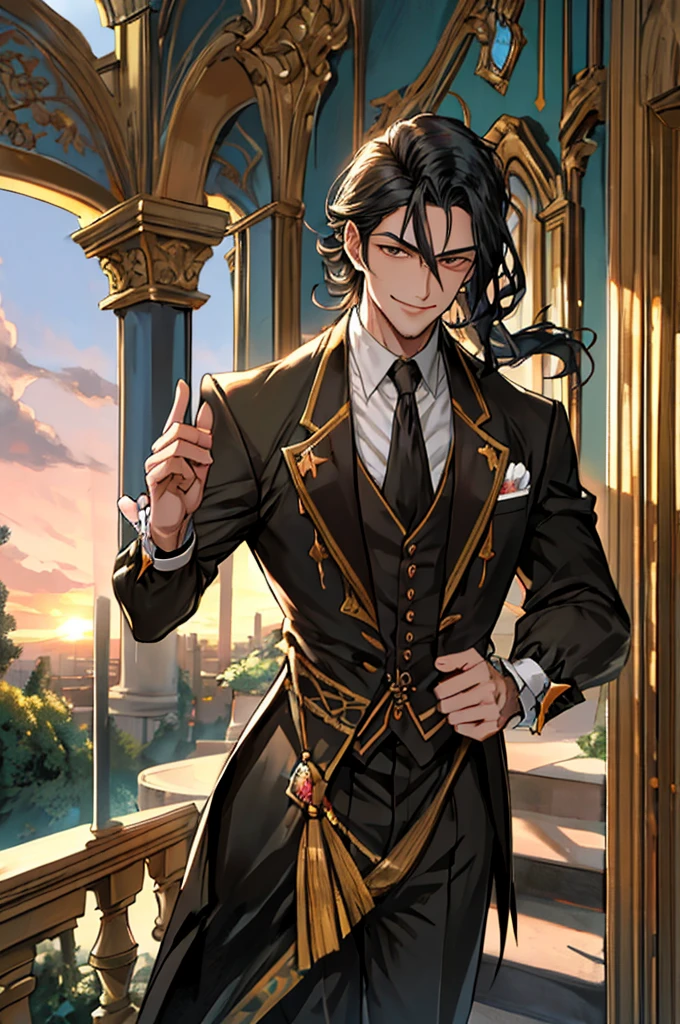 absurdres, (great composition), 1man, solo, adult, handsome, dynamic angle, dynamic lighting, well-built, olive skin, refined, handsome_male,
long black hair, large 18th-century baroque mansion, garden, nobleman, aristocratic, elegant, neat, graceful, sunset, scenery, smile