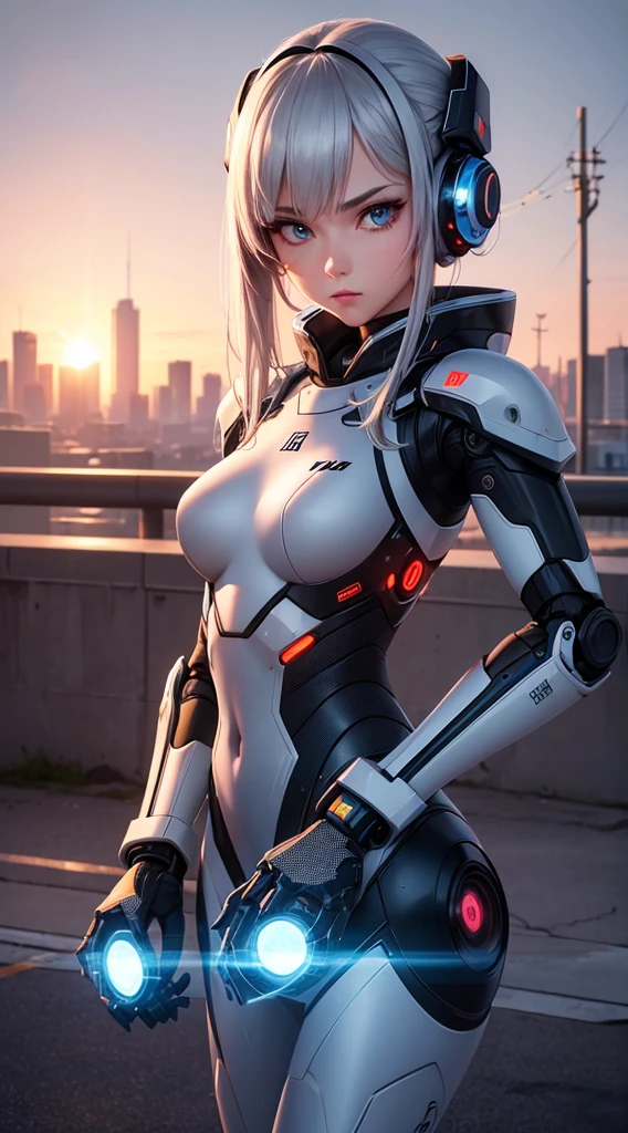 (an army,female robots:1.1,advanced robotic technology),(best quality,4k,8k,highres,masterpiece:1.2),ultra-detailed,realistic:1.37,portraits,concept artists,metallic textures,glowing eyes,sharp focus,professional,vivid colors,sleek design,cold blue color scheme,dystopian atmosphere,long silver hair,futuristic weapons,dominance,powerfulposes,urban landscape,sunset lighting
