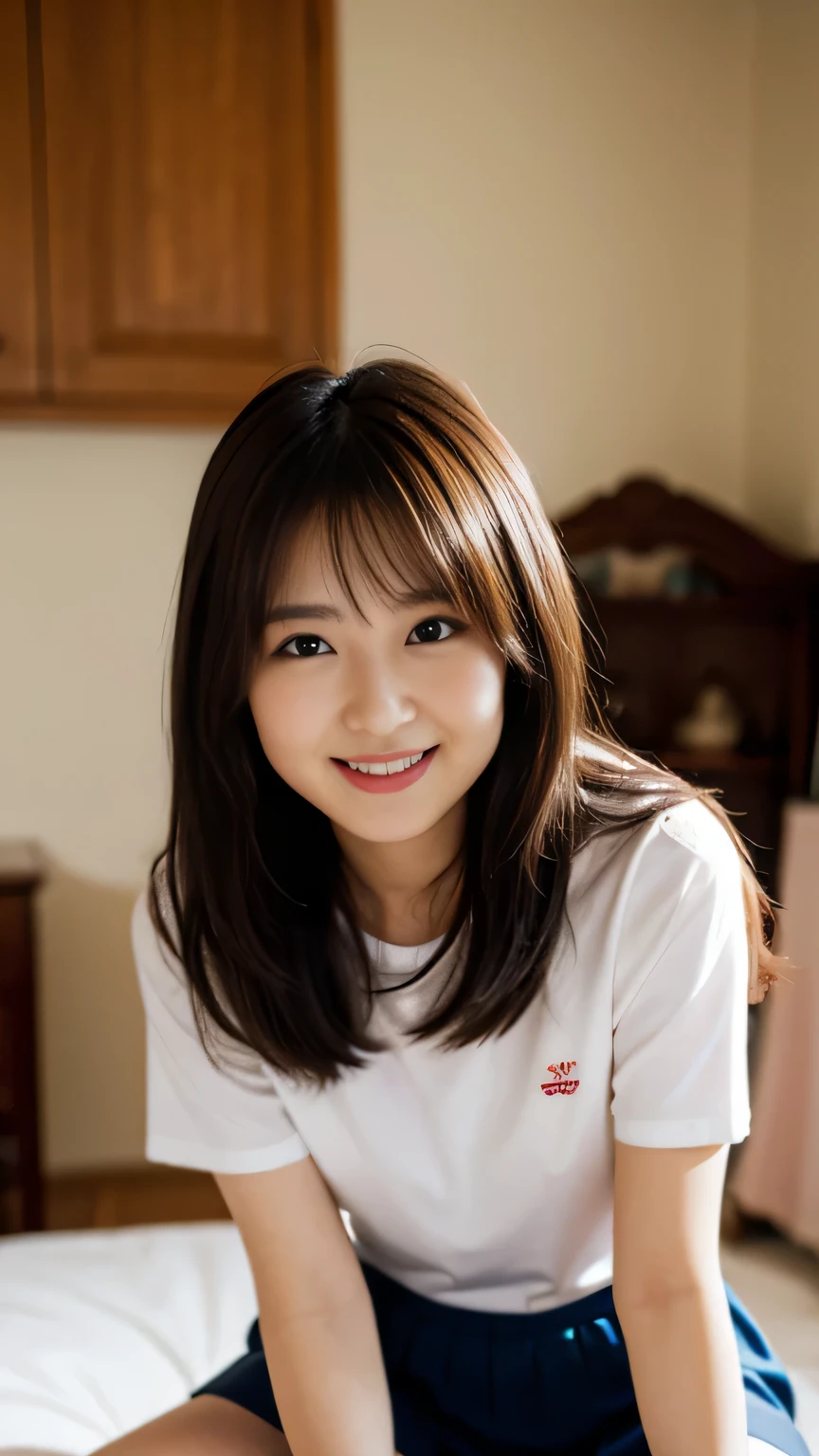 voloptuous, uniform, short sleeve, Cute 18 year old girl, sit on your knees on the bed、spread your legs、cute smile,