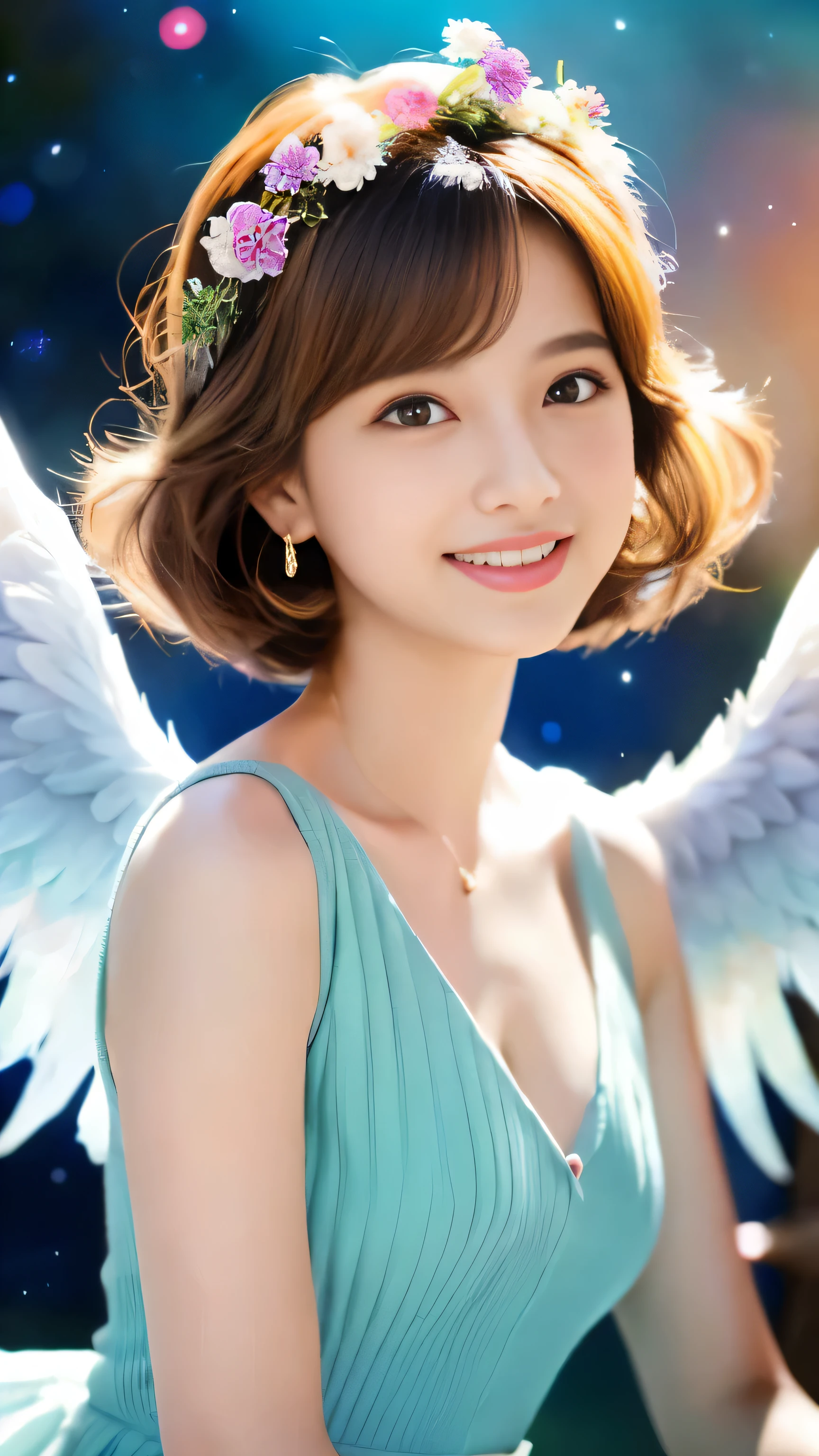 top quality, pastel painting, gentle atmosphere, twin girl angel, cute, white wings, smiling happily, brown short hair of different colors, one with blue eyes, one with green eyes, dresses of different colors, flower hair ornament, upper body, looking at the viewer, space, meteor, light,