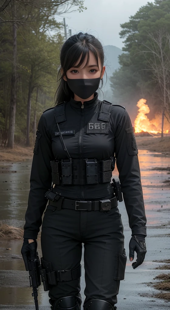 ((best quality)), ((masterpiece)), (detailed), beautiful lighting, best quality, realistic, full body portrait, real picture, intricate details, depth of field, 1girl, A very muscular solider girl with long haircut, around 20 years old wearing a black uniform holding a gun in the hallway, wearing black Swat tactical gear, photography of a techwear woman, dressed in black Swat tactical armor, black Swat tactical gear, Tactical vest and holster, Beautiful Female Soldier, Holding a rifle, closeup portrait shot, Have an MP7, holding rifle, special forces security, airsoft cqb, highly-detailed, perfect face, blue eyes, lips, wide hips, small waist, tall, make up, Fujifilm XT3, outdoors, bright day, Beautiful lighting, RAW photo, 8k UHD, film grain, ((bokeh)) (((Walking along a stream in a jungle, Fires, Smoke, debris, Camo netting, Ammo Boxes, Rain, Stormy, Wet, abstract beauty, near perfection, burning scene in the background, the forest is on fire, Mushroom Cloud, winner of the year's best photo, the world on fire, post-apocalyptic hellscape military photography, photo epic of the year, fire on the horizon, epic cinematic shot, pure form, intricate detail, 8k post-production, High resolution, super Detail, trending on ArtStation, sharp focus, studio photos, intricate detail, Very detailed,