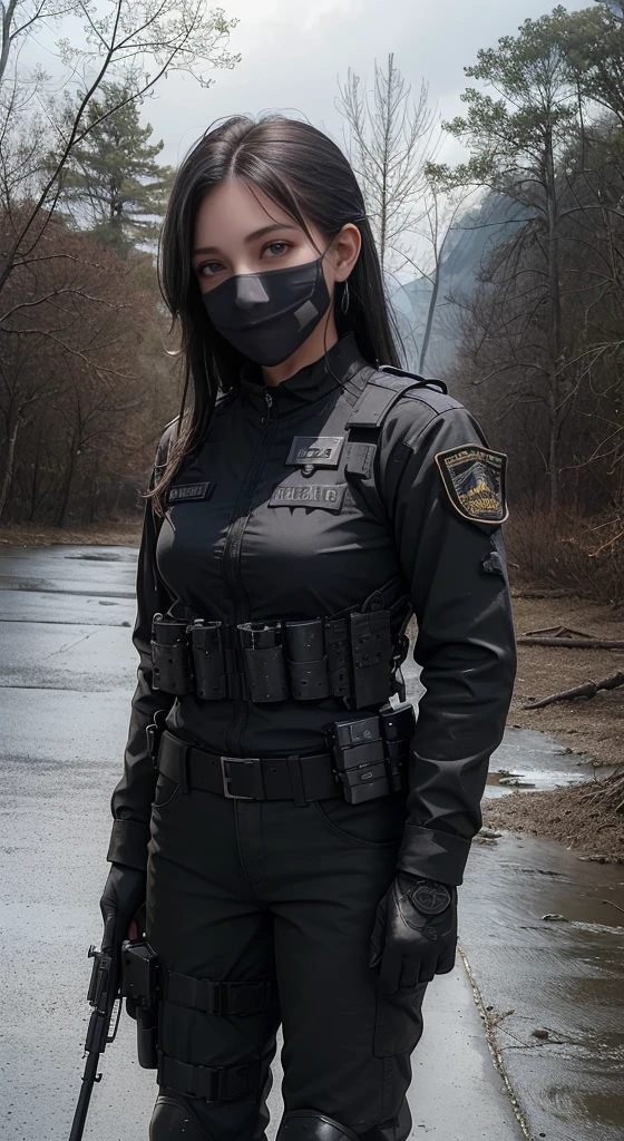 ((best quality)), ((masterpiece)), (detailed), beautiful lighting, best quality, realistic, full body portrait, real picture, intricate details, depth of field, 1girl, A very muscular solider girl with long haircut, around 20 years old wearing a black uniform holding a gun in the hallway, wearing black Swat tactical gear, photography of a techwear woman, dressed in black Swat tactical armor, black Swat tactical gear, Tactical vest and holster, Beautiful Female Soldier, Holding a rifle, closeup portrait shot, Have an MP7, holding rifle, special forces security, airsoft cqb, highly-detailed, perfect face, blue eyes, lips, wide hips, small waist, tall, make up, Fujifilm XT3, outdoors, bright day, Beautiful lighting, RAW photo, 8k UHD, film grain, ((bokeh)) (((Walking along a stream in a jungle, Fires, Smoke, debris, Camo netting, Ammo Boxes, Rain, Stormy, Wet, abstract beauty, near perfection, burning scene in the background, the forest is on fire, Mushroom Cloud, winner of the year's best photo, the world on fire, post-apocalyptic hellscape military photography, photo epic of the year, fire on the horizon, epic cinematic shot, pure form, intricate detail, 8k post-production, High resolution, super Detail, trending on ArtStation, sharp focus, studio photos, intricate detail, Very detailed,