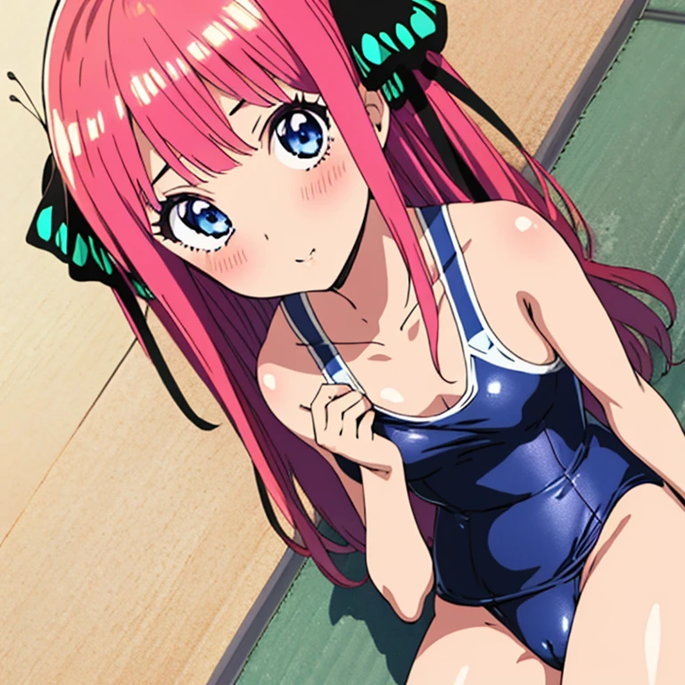 masterpiece, best quality, ultra detailed, best illustration, nsfw, 1girl, one-piece swimsuit, nakano nino, pink hair, butterfly hair ornament, blue eyes