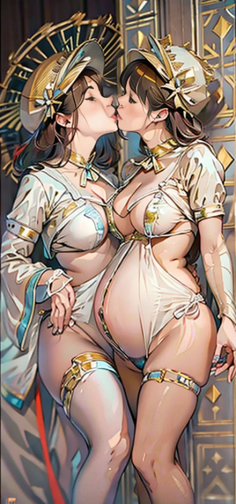 (2 girls)、Woman kisses beauty with almost naked tongue,mature woman, very detailed,, intricate face details,curvaceous physique, (thick body),vibrant, 4K, 12K resolution,kiss、to kiss、plump body、pregnant woman、Lots of girls、thousands of girls