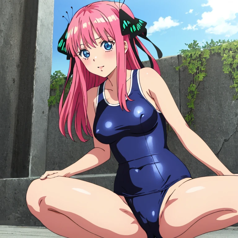 masterpiece, best quality, ultra detailed, best illustration, nsfw, 1girl, one-piece swimsuit, nakano nino, pink hair, butterfly hair ornament, blue eyes