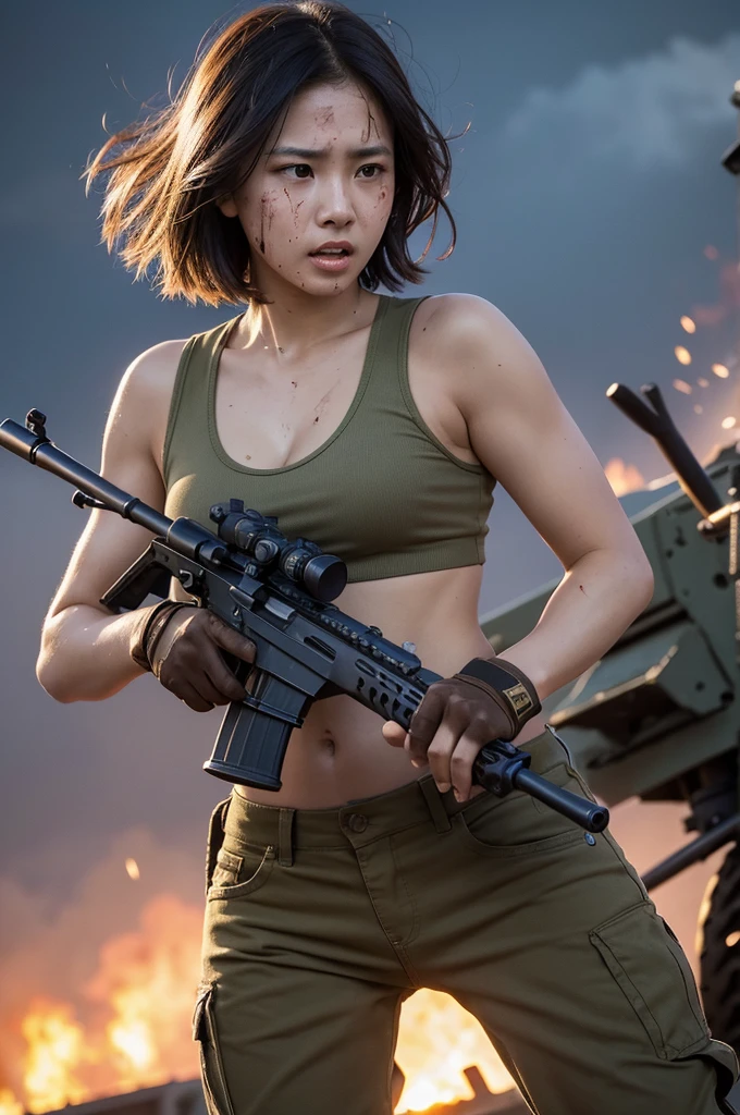 24 year old, Filipino Woman, tanned bronze skin, wearing USA marine corps uniform, fighting on the battlefield, strong muscles, world war, modern war theme, army girl, rifle, (holding a rifle: 1.3), (aiming and holding rifle: 1.3), soldier girl, infantry girl, shootout, air raid, air strike, military, camouflage uniform, burning vehicle, warzone, battlefield, war, ruins, explosion, burning city, smoke, torn tank top, belly button, gloves, torn military pants, face stained with mud and blood, sweaty skin, bloody skin, mud-stained skin, small, cleavage, expression of determination, rigorous expression, highest quality, ultra-high resolution, absurdity, realistic, physically based rendering, cinematic lighting, complex and cinematic appearance, cinematic soft light, soothing tone, battlefield background, urban war background, photorealistic, cowboy shot, dynamic angle