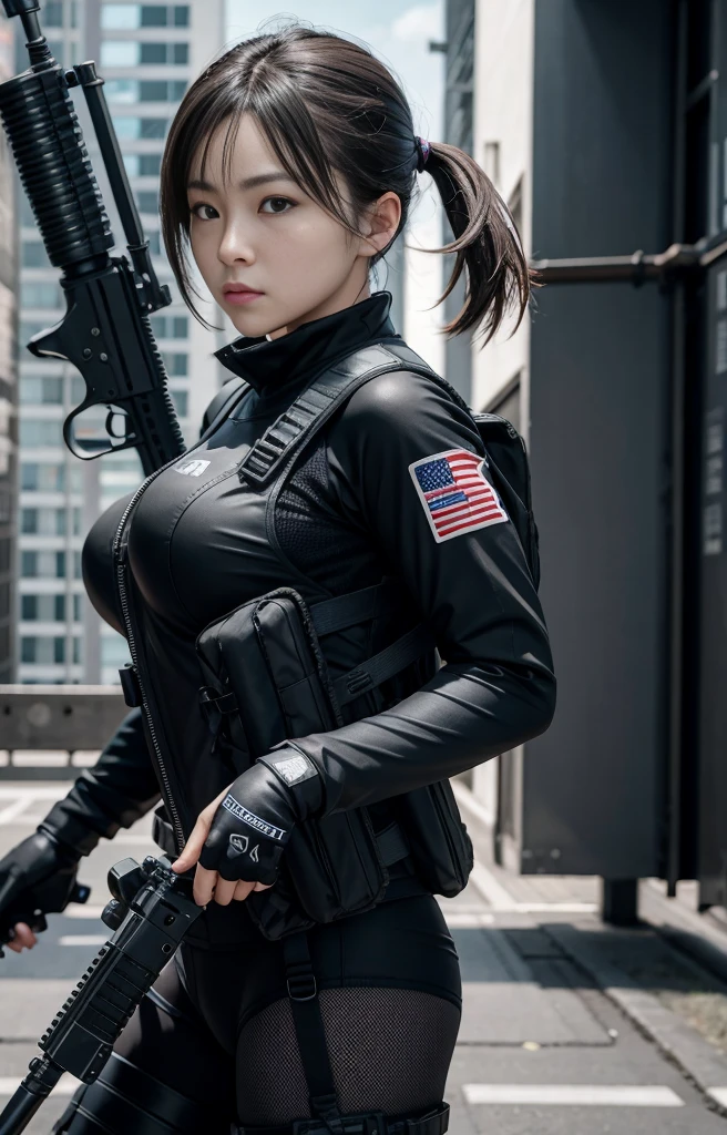 Highest image quality, outstanding details, ultra-high resolution, (realism: 1.4), ((close up:0.75, from side)), Photorealistic, highly condensed 1 lady, full body, aiming with an assault rifle, Combat pose, (Detailed face), looking to the camera, (cloths color black:0.4 white:0.5 other-color:0.1), (wearing rash-guard likes police uniform, gloves,black and gray mecha, wearing futuristic-gasmask, military harness, holding a machinegun, carrying hich-tech-backpack), background grey, Fingers are occluded
