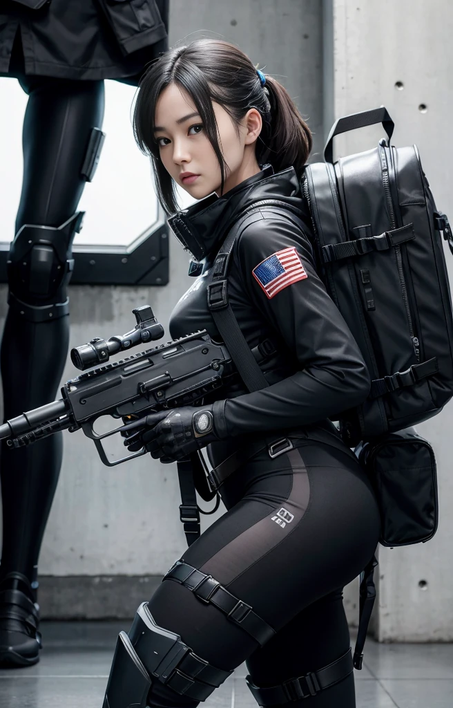 Highest image quality, outstanding details, ultra-high resolution, (realism: 1.4), ((close up:0.75, from side)), Photorealistic, highly condensed 1 lady, full body, aiming with an assault rifle, Combat pose, (Detailed face), looking to the camera, (cloths color black:0.4 white:0.5 other-color:0.1), (wearing rash-guard likes police uniform, gloves,black and gray mecha, wearing futuristic-gasmask, military harness, holding a machinegun, carrying hich-tech-backpack), background grey, Fingers are occluded