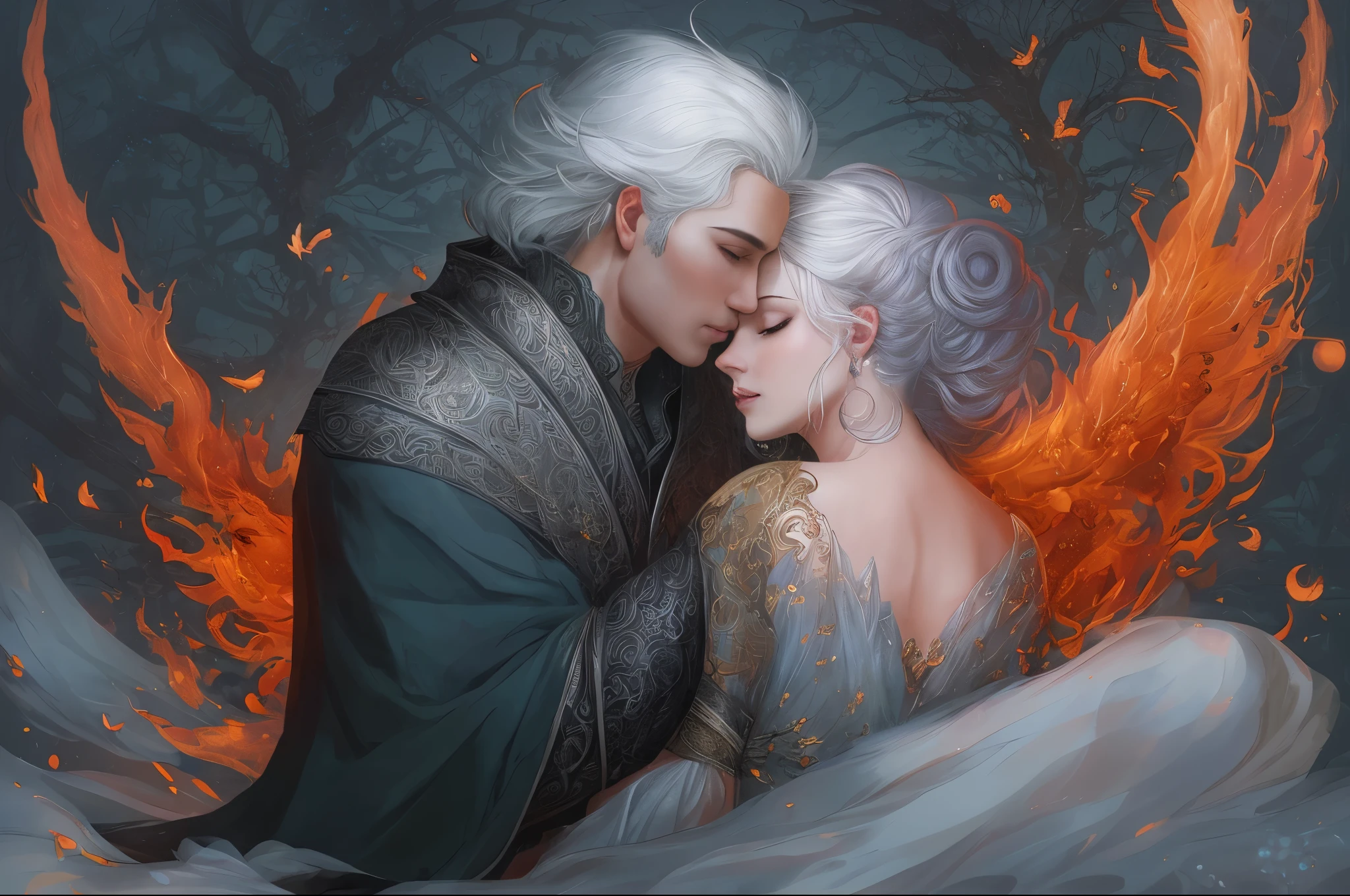 Picture of a couple hugging on a feather bed, grey-haired, grey-haired deity, Ice and fire, by Zeen Chin, grey-haired, beautiful artwork illustration, Charlie Bowater and Artgim, Charlie Bower and Tom Bagshaw, digital art on pixiv, very detailed exquisite fanart, By JoWOnder, by Jin Nong