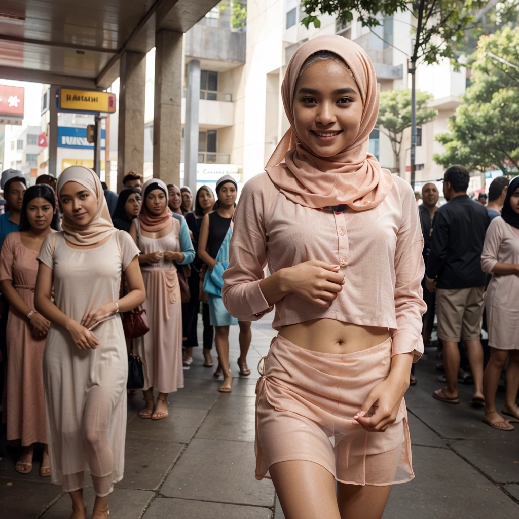 best quality, high resolution, 1 girl, young beautiful Indonesian women in hijab, wearing peach color laced hijabs, soft smile, wearing see-through peach color half slip, wearing no bra, photorealistic, realistic, small breasts, smiling, full body, breezy, skin details, skin texture details, tiny and skinny body, flat-chested, morning time, happy, bright, standing in crowd public, blurred background, bokeh