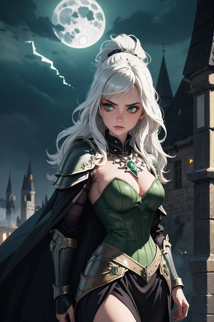((best quality, masterpiece)),
1girl, power pose, black  and green necromancer plunging  armor, white messy hair, sword,  outdoor, night, moonlight, smokes on background, ((full moon ):0.5), medieval, fantasy, castle on background, 