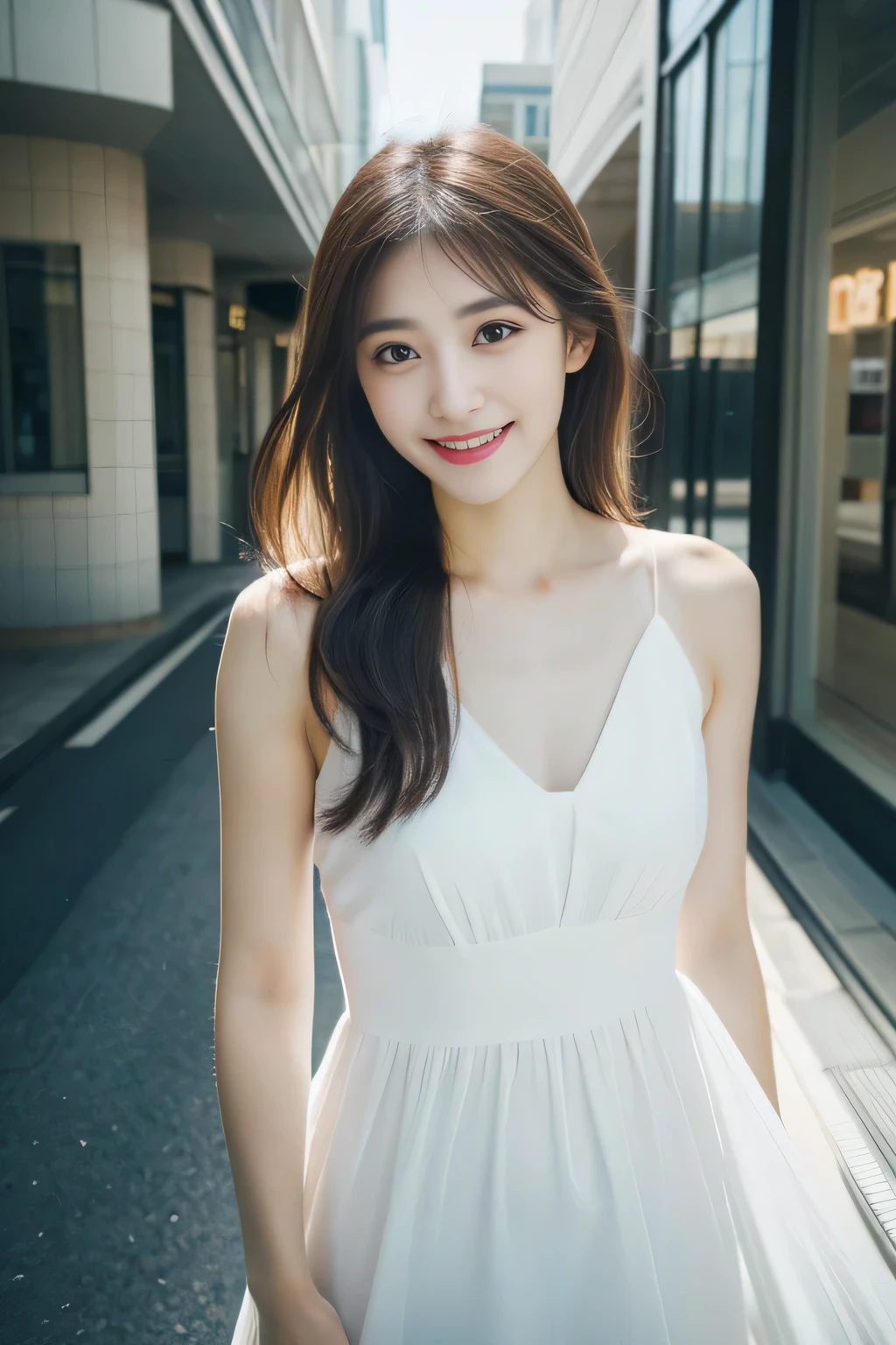 Angel is a very beautiful and cute girl,
beautiful and detailed eyes, short, 半袖のwhite dress,
Delicate double eyelids,
(Big eyes:1.3),long eyelashes,
See-through bang,
(Beautiful and delicate face and eyes:1.4),
small nose,
small mouth,
beautiful long hair,
Look at your teeth and smile happily,
(highest quality:1.2),
RAW photo,
High resolution,
perfect details,
professional photos,
professional lighting,break (white dress) , Ultra tight fit swimsuit with super reflective surface,walk,beautiful feet, Strong light hits the swimsuit,in the city,brown hair,