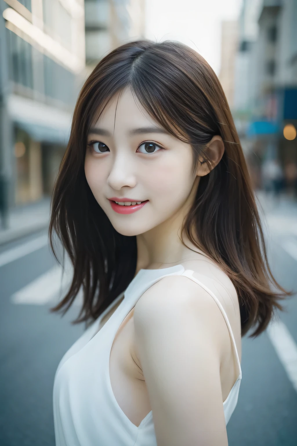 Angel is a very beautiful and cute girl,
beautiful and detailed eyes, short, 半袖のwhite dress,
Delicate double eyelids,
(Big eyes:1.3),long eyelashes,
See-through bang,
(Beautiful and delicate face and eyes:1.4),
small nose,
small mouth,
beautiful long hair,
Look at your teeth and smile happily,
(highest quality:1.2),
RAW photo,
High resolution,
perfect details,
professional photos,
professional lighting,break (white dress) , Ultra tight fit swimsuit with super reflective surface,walk,beautiful feet, Strong light hits the swimsuit,in the city,brown hair,