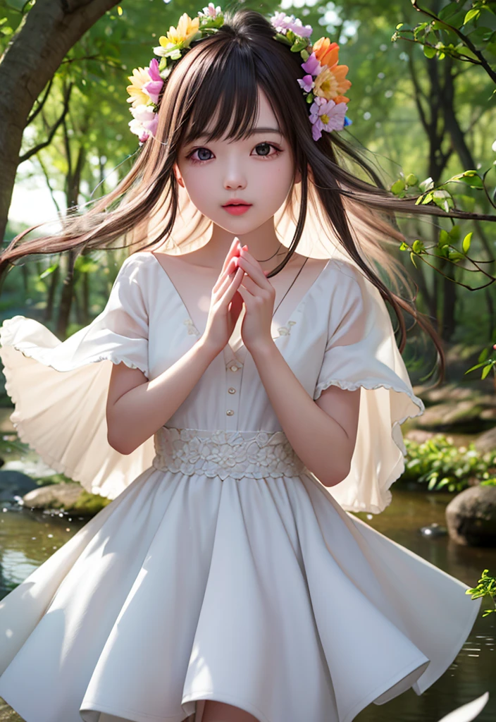 Back shadow,Little girl with half white wings on her back,Little girl dressed in gray linen,The little girl sat on a large rock,style of anime