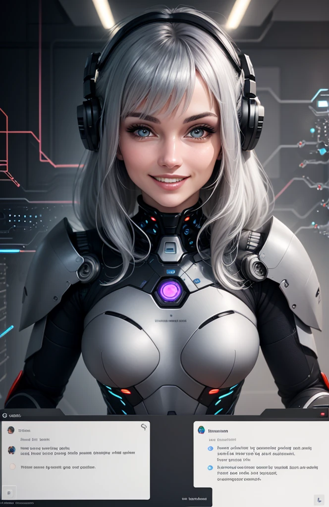 realistic, portrait of a girl,AI language model, silver hair, question answering, smart, kind, energetic, cheerful, creative, with sparkling eyes and a contagious smile, information providing, conversation engaging, wide range of topics, accurate responses, helpful responses, knowledgeable, reliable, friendly, intelligent, sleek and futuristic design elements, and a complex network of circuits and processors.
